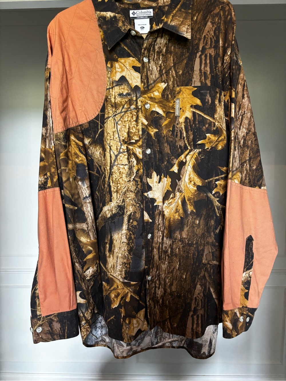 Vintage Columbia Timberwolf Camo Shooting Shirt Blaze Orange Men's XXL